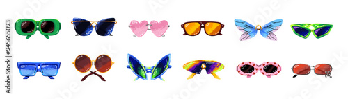 Stylish sunglasses set. Different fashion glasses with sun protection. Modern and retro eyewears, eyeglasses. Trendy summer accessories. Flat isolated vector illustrations on white background photo