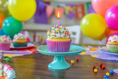 A vibrant cupcake topped with frosting and sprinkled with colorful candies, crowned with a lit candle, set within a festive birthday party backdrop featuring lively decorations. photo