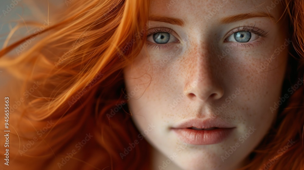 A close up image showcasing a woman s face adorned with red hair and blue eyes A close up image showcasing a woman s face adorned with red hair and blue eyes