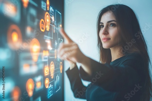 A woman interacts with an advanced digital display featuring various icons and information graphics. She appears focused as she engages with the technology. photo