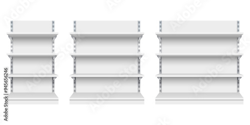 Realistic supermarket stand, bookcase, shop product exhibition set.Showcase display or equipment for warehouse.