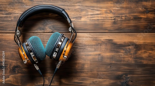Vintage headphones on a wooden background.