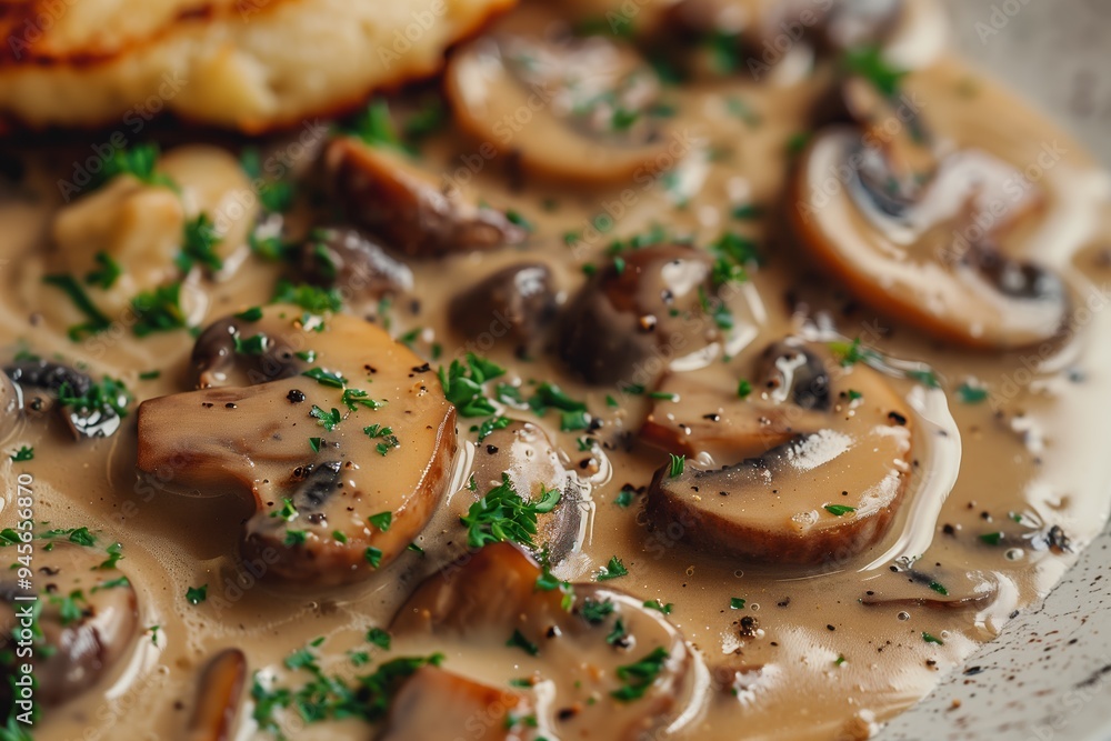 Creamy mushroom sauce served over a tender chicken breast with a sprinkle of fresh herbs, captured in warm kitchen lighting Creamy mushroom sauce served over a tender chicken breast with a sprinkle of fresh herbs, captured in warm kitchen lighting