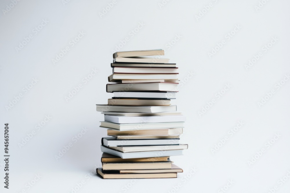 A neatly stacked pile of various books on a plain white background, representing knowledge, education, and endless stories, ideal for a minimalist artistic depiction. A neatly stacked pile of various books on a plain white background, representing knowledge, education, and endless stories, ideal for a minimalist artistic depiction.