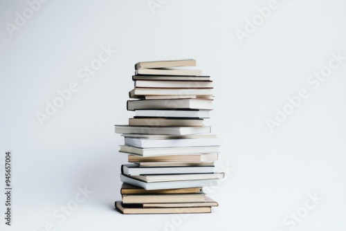 A neatly stacked pile of various books on a plain white background, representing knowledge, education, and endless stories, ideal for a minimalist artistic depiction.