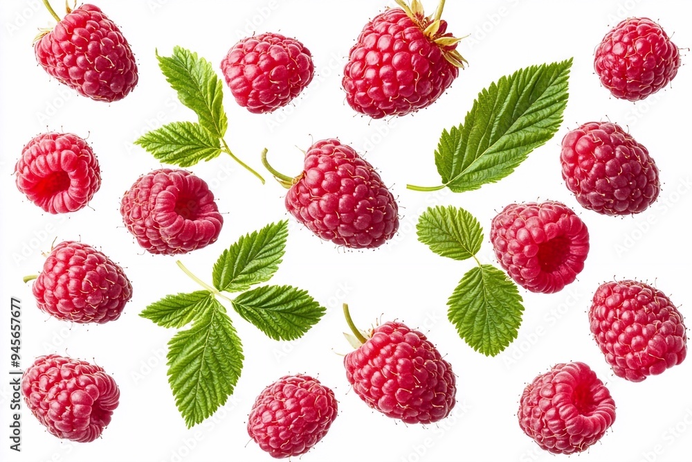 Fresh, vibrant raspberries floating mid-air, accompanied by lush green leaves, all set against a crisp white background. Emphasize the natural sheen and texture of the fruit, highlighting their ripene Fresh, vibrant raspberries floating mid-air, accompanied by lush green leaves, all set against a crisp white background. Emphasize the natural sheen and texture of the fruit, highlighting their ripene