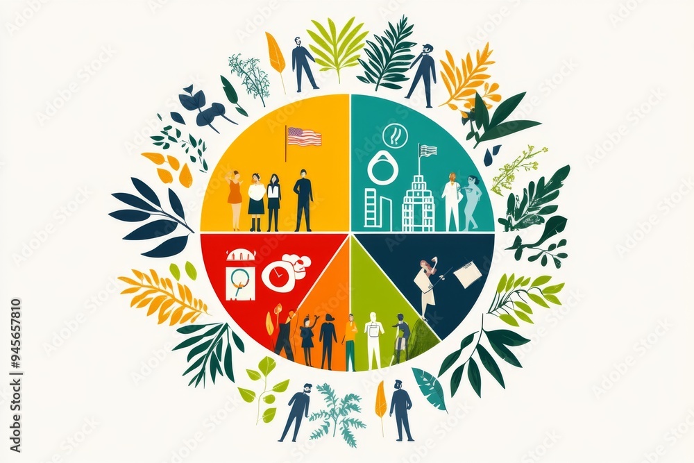 An abstract illustration of a business concept with a pie chart divided into sections, each containing icons representing various elements of business, set around decorative leaves.