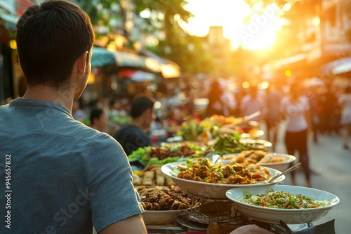 A man is seen selecting food at a bustling outdoor street market, with various dishes displayed on tables and other people and vendors engaging in activity in the background.