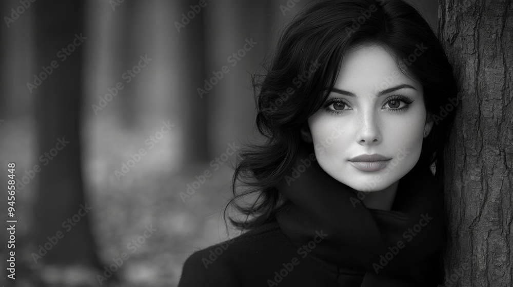 A monochrome image of a beautiful woman with wavy hair standing beside a tree in the forest. Her striking features and stylish clothing give the photo a timeless elegance. A monochrome image of a beautiful woman with wavy hair standing beside a tree in the forest. Her striking features and stylish clothing give the photo a timeless elegance.