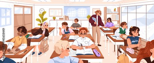 Happy children sit at desks in classroom. Young teacher helps, assist kids with learning in school class. Students study, reading, writing, fun and talk during lesson. Flat vector illustration