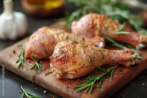 Raw chicken legs placed neatly on a rustic wooden board, garnished with sprigs of fresh rosemary and a scattering of garlic cloves. The scene is enhanced with a light drizzle of olive oil and a sprink photo