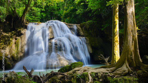 Deep forest waterfall in Thailand. Huay Mae Khamin Waterfall in Sri Nakarin Dam Nation Park. photo