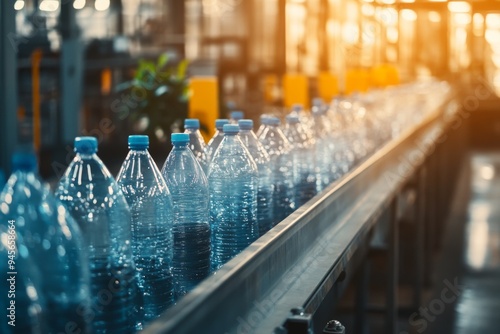 A close-up of plastic bottles being transported on a conveyor belt in a production facility, highlighting the process and machinery involved in modern manufacturing and bottling. photo