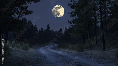 A serene, moonlit road winding through a forest at night.