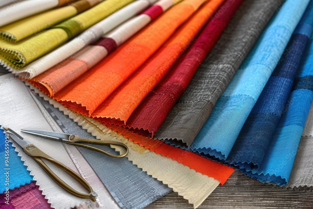 Fabric swatches and tailoring tools on the table of a textile shop Fabric swatches and tailoring tools on the table of a textile shop - small business conceptsDESIGN ON DOCUMENTS WERE MADE FROM SCRATC Fabric swatches and tailoring tools on the table of a textile shop Fabric swatches and tailoring tools on the table of a textile shop - small business conceptsDESIGN ON DOCUMENTS WERE MADE FROM SCRATC