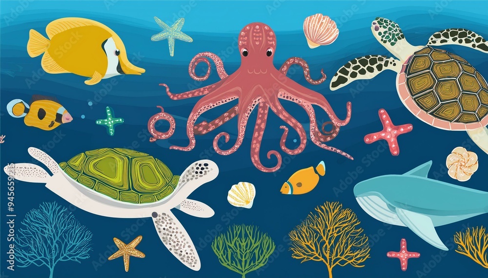 Collection of sea or marine animals life isolated on background, underwater of fish, starfish, octopus and sea turtle. Collection of sea or marine animals life isolated on background, underwater of fish, starfish, octopus and sea turtle.