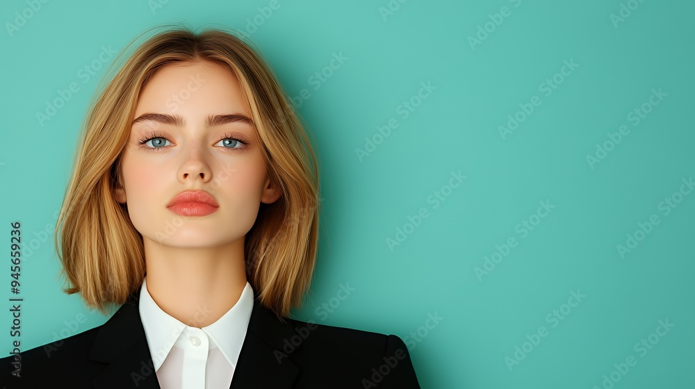 A confident young woman in a blazer poses against a teal background, exuding professionalism. A confident young woman in a blazer poses against a teal background, exuding professionalism.