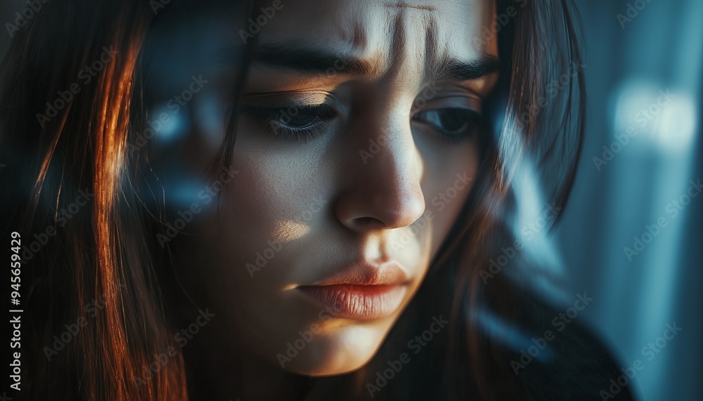 A close-up of a contemplative young woman with a serious expression, illuminated softly. A close-up of a contemplative young woman with a serious expression, illuminated softly.