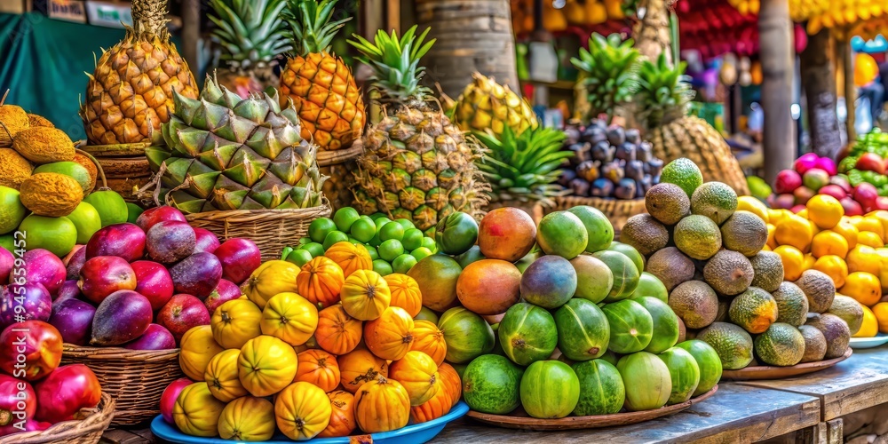 Fresh coconuts and tropical fruits on display at a local market in Hua Hin, with a colorful and lively atmosphere, a realistic photo image. Fresh coconuts and tropical fruits on display at a local market in Hua Hin, with a colorful and lively atmosphere, a realistic photo image.