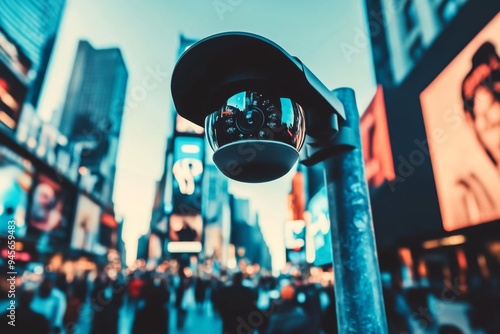 A modern security camera is prominently featured in the foreground with an urban cityscape and crowds in the background, suggesting surveillance and safety.