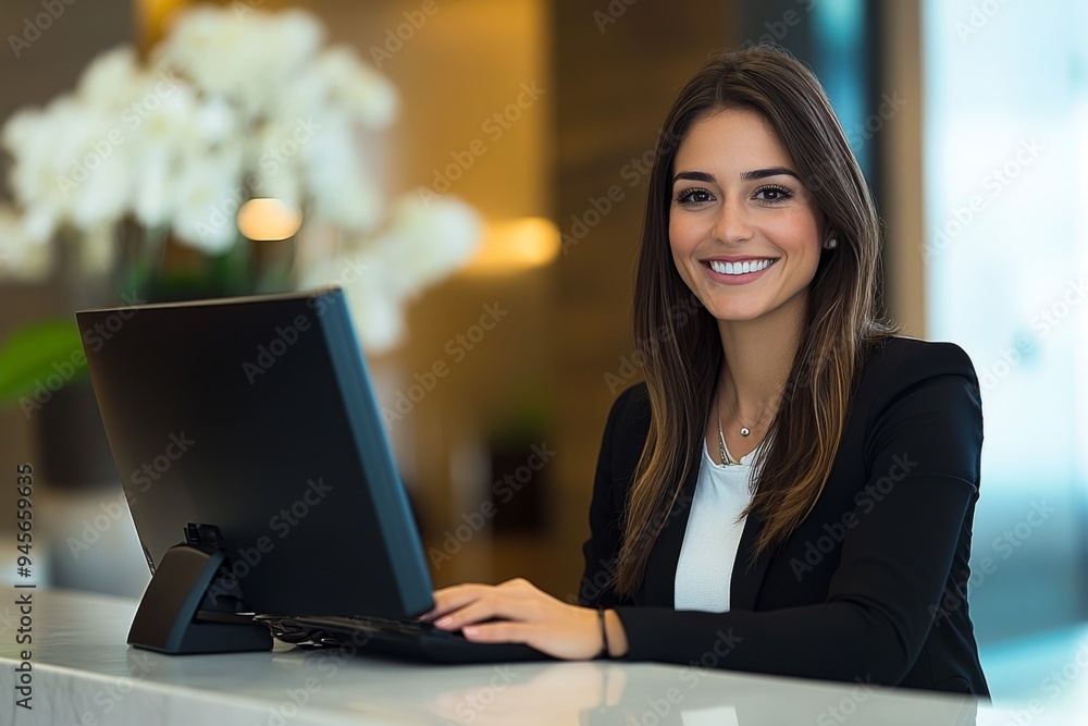 A smiling receptionist at her workstation in a modern, brightly lit office. Her welcoming smile and professional demeanor highlight the customer service environment. A smiling receptionist at her workstation in a modern, brightly lit office. Her welcoming smile and professional demeanor highlight the customer service environment.