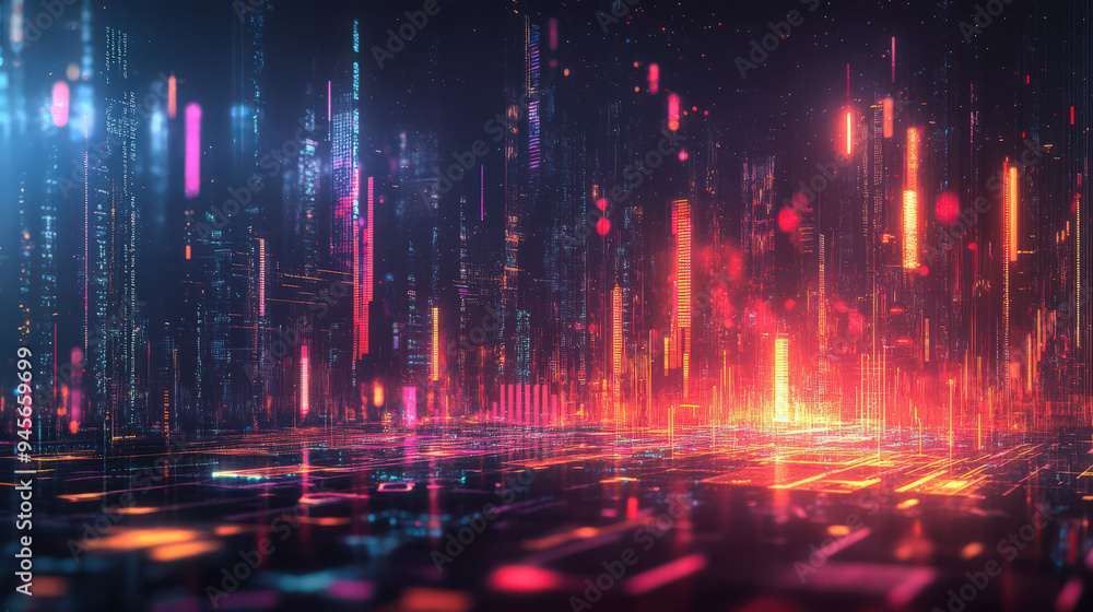Obraz premium Futuristic digital cityscape with vibrant lights and glowing pathways, representing advanced technology and cyber networks.