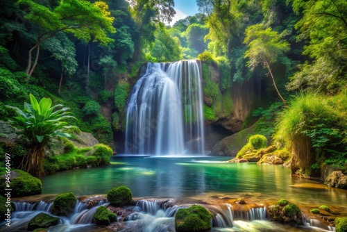 A serene and peaceful scene of the falls, surrounded by vibrant greenery, a realistic photo image.