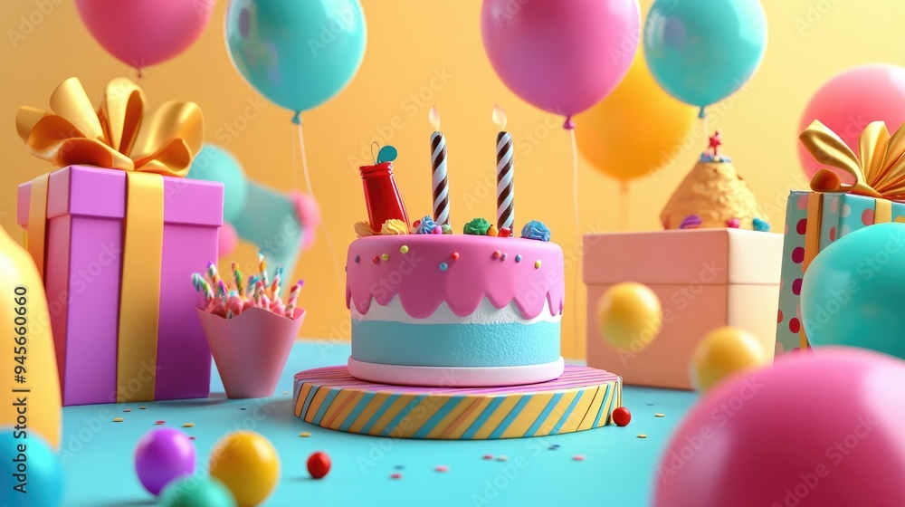 3D render of funky 90s-style birthday stickers, including images of gifts, balloons, and a birthday cake. Ideal for celebration labels and retro-themed party decorations. 3D render of funky 90s-style birthday stickers, including images of gifts, balloons, and a birthday cake. Ideal for celebration labels and retro-themed party decorations.