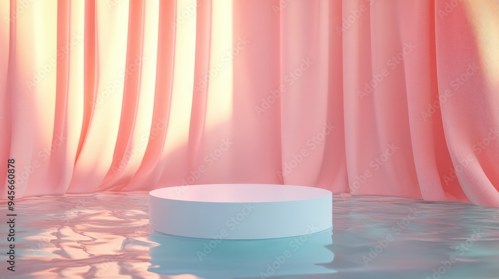 A 3D-rendered abstract podium on a water surface, with light pastel curtains billowing softly in the background, offering a stylish and modern backdrop for showcasing products. A 3D-rendered abstract podium on a water surface, with light pastel curtains billowing softly in the background, offering a stylish and modern backdrop for showcasing products.
