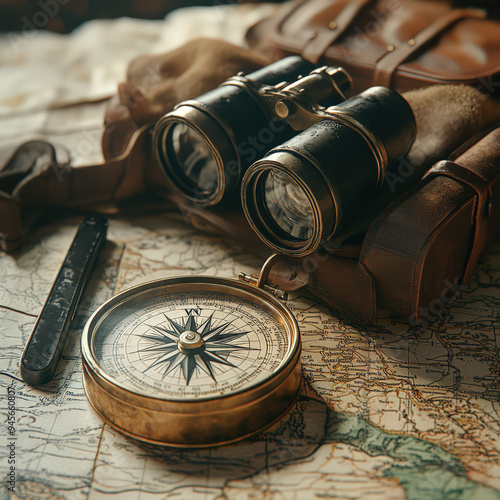 Vintage compass and binoculars atop an old map, symbolizing exploration, adventure, and navigation with a nostalgic feel.