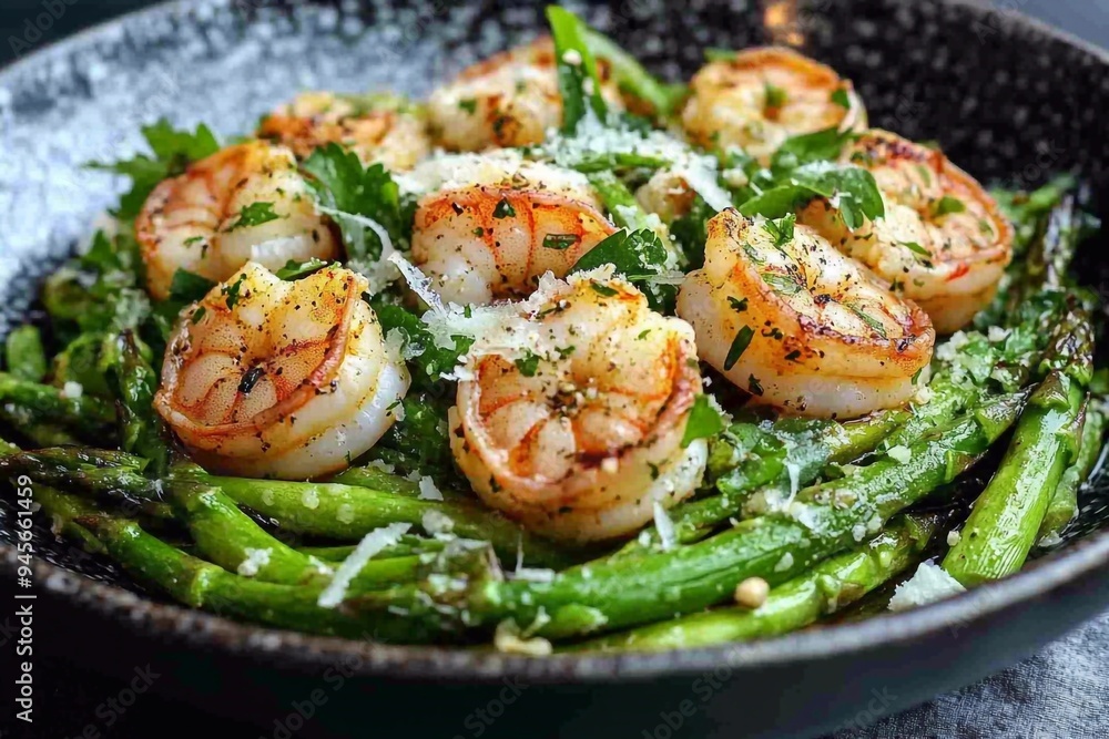 Fried green asparagus with shrimp and grated Parmesan cheese Fried green asparagus with shrimp and grated Parmesan cheese