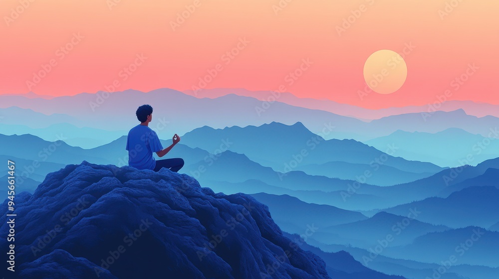 Fototapeta premium Zen Gen Z: Young Man Finding Inner Peace on Mountain Summit, Embracing Digital Detox Through Mindful Breathing Practice