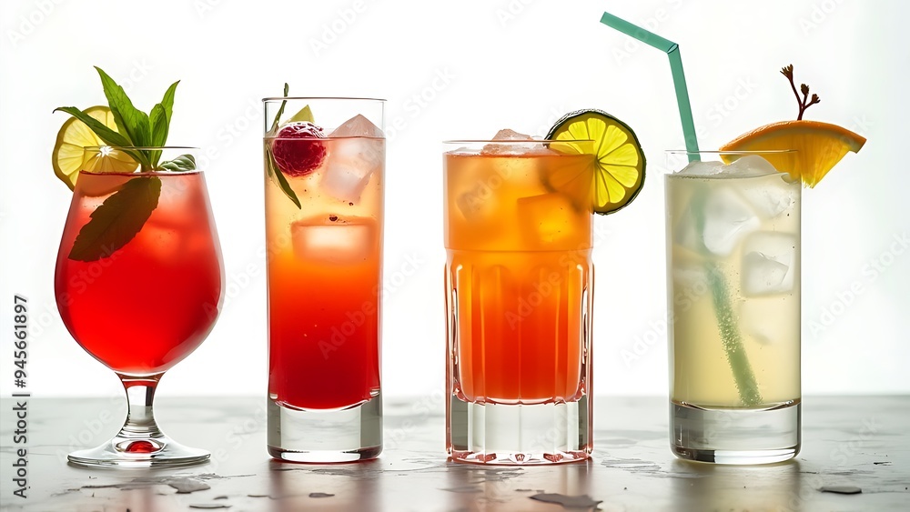 Set of cocktails soft and longdrinks in front of white background Set of cocktails soft and longdrinks in front of white background