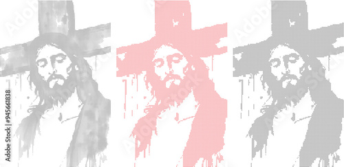 Jesus and the Cross Portrait Set, Dot Art, Watercolor, Cross