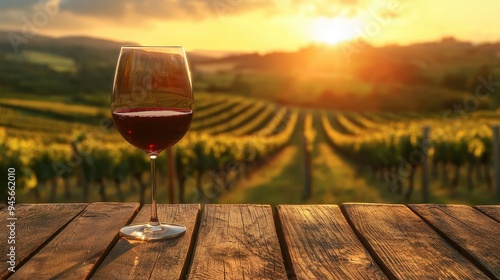 A glass of deep red wine placed on a rustic wooden table, overlooking a vineyard at sunset, creating a serene and picturesque scene. photo