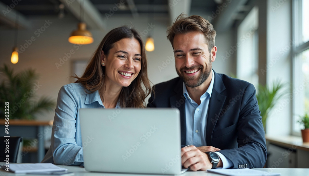 Cheerful business colleagues discussing over laptop while sitting in office Cheerful business colleagues discussing over laptop while sitting in office