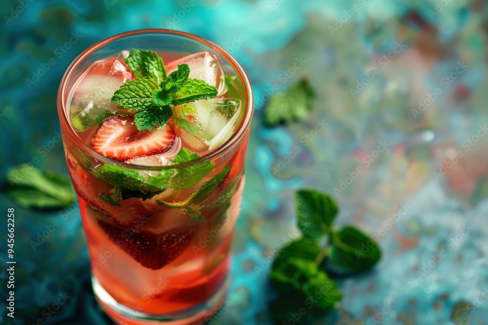 Strawberry guava mojito with strawberry guava and mint, served in a clear glass, vibrant background, copy space for text Strawberry guava mojito with strawberry guava and mint, served in a clear glass, vibrant background, copy space for text