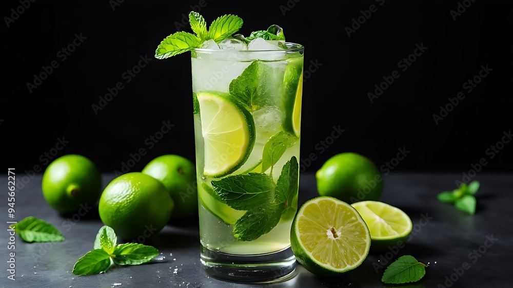 Mojito cocktail with fresh limes on a black background Mojito cocktail with fresh limes on a black background