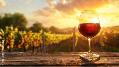 A glass of deep red wine placed on a rustic wooden table with copy space, overlooking a vineyard at sunset, creating a serene and picturesque scene. photo