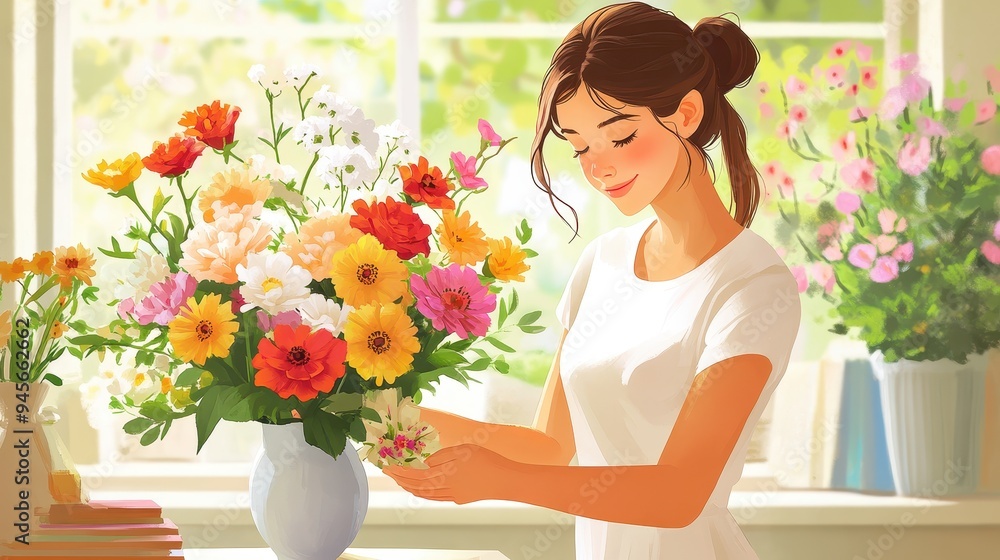 Embracing Nature: Gen Z Woman Enjoying Digital Detox while Arranging Beautiful Flowers in Vase Embracing Nature: Gen Z Woman Enjoying Digital Detox while Arranging Beautiful Flowers in Vase