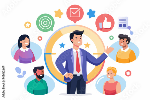 360 degree feedback, assessment or performance appraisal, customer review, testimonial or job networking, employee evaluation, rating or survey concept, businessman get feedback from colleagues.
