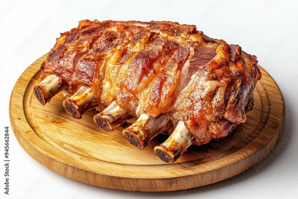 Roasted pork ribs with crispy skin served on a wooden board Roasted pork ribs with crispy skin served on a wooden board