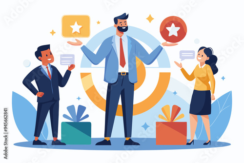360 degree feedback, assessment or performance appraisal, customer review, testimonial or job networking, employee evaluation, rating or survey concept, businessman get feedback from colleagues.
