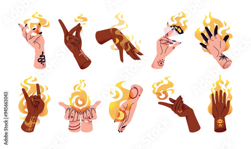 Magic burning fire in human hands set. Different women hold flame. Witchcraft, spell, sorcery. Concept of energy, power, inspiration, anger. Flat isolated vector illustrations on white background