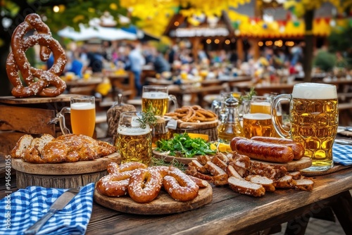 Traditional Bavarian spread with pretzels, sausages, and beer at an outdoor Oktoberfest gathering photo