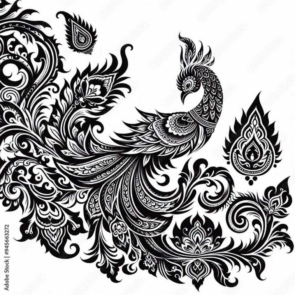Thai pattern that forms a peacock with imagination Thai pattern that forms a peacock with imagination