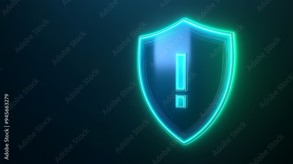 Digital security shield with exclamation mark indicating a warning or alert on cybersecurity. Glowing blue and green on dark background. Digital security shield with exclamation mark indicating a warning or alert on cybersecurity. Glowing blue and green on dark background.