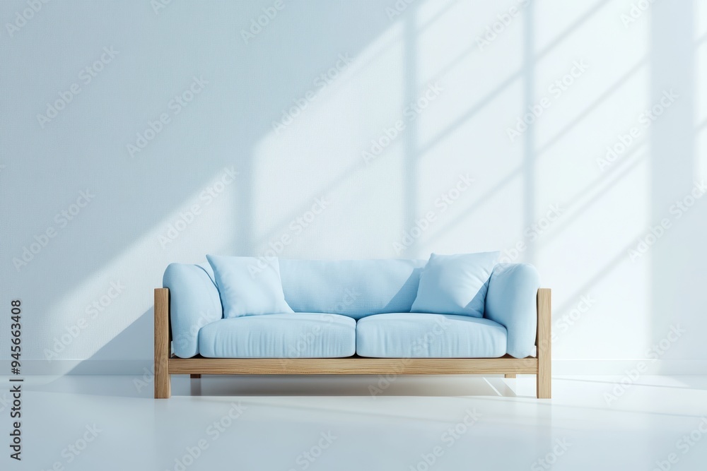 A light blue sofa with wooden legs in a minimalist room with shadows. A light blue sofa with wooden legs in a minimalist room with shadows.