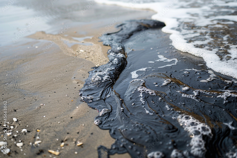 Massive oil slick decorates the sea surface on the sea ocean shore in a gloomy reminder of the catastrophic environmental damage inflicted by toxic chemical leaks. Massive oil slick decorates the sea surface on the sea ocean shore in a gloomy reminder of the catastrophic environmental damage inflicted by toxic chemical leaks.