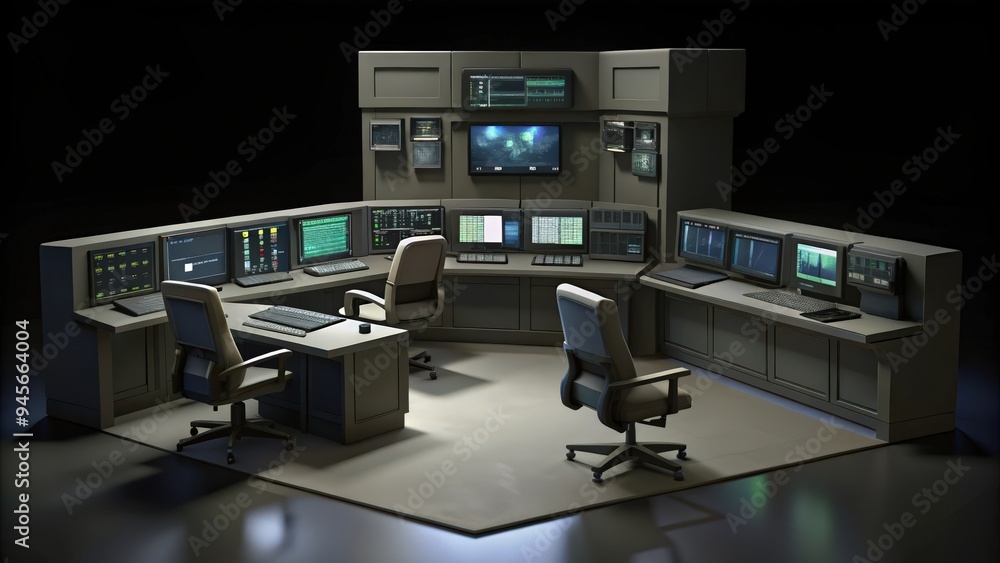Naklejka premium A Modern Control Room with Multiple Monitors and Desks